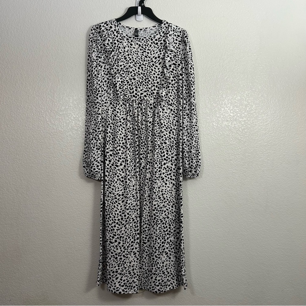 Francesca's Soft Cheetah Print Ruffle Long Sleeve Midi Dress